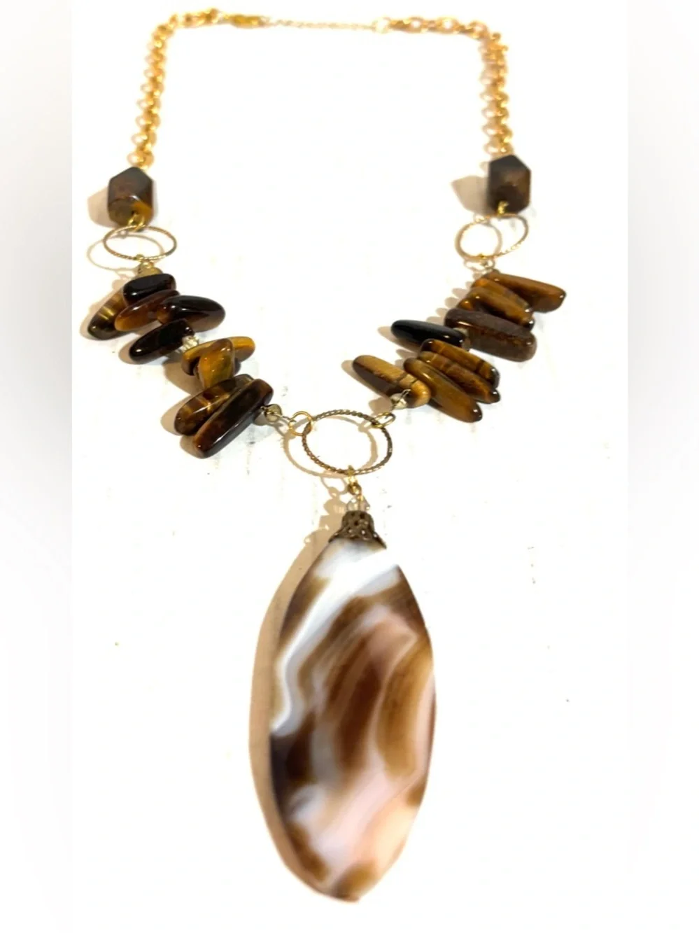 Brown Tiger's Eye Pendant Necklace with Gold-Tone Rings
